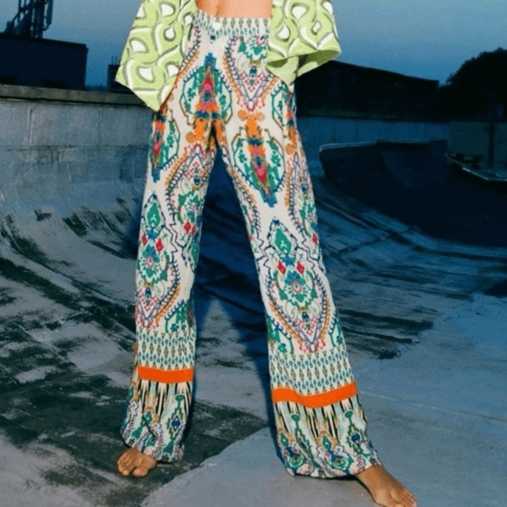 Zara Bohemian Printed Flowy Flare Pants
